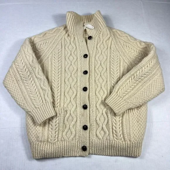 Blarney Woolen Mills Aran Cable Knit Cardigan Ivory Wool Cozy Warm Sweater S/M - Picture 1 of 10